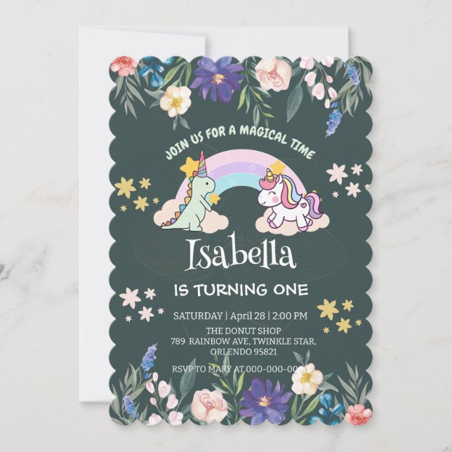 Cute Dinosaur Unicorn rainbow Balloon birthday  Invitation (Front)