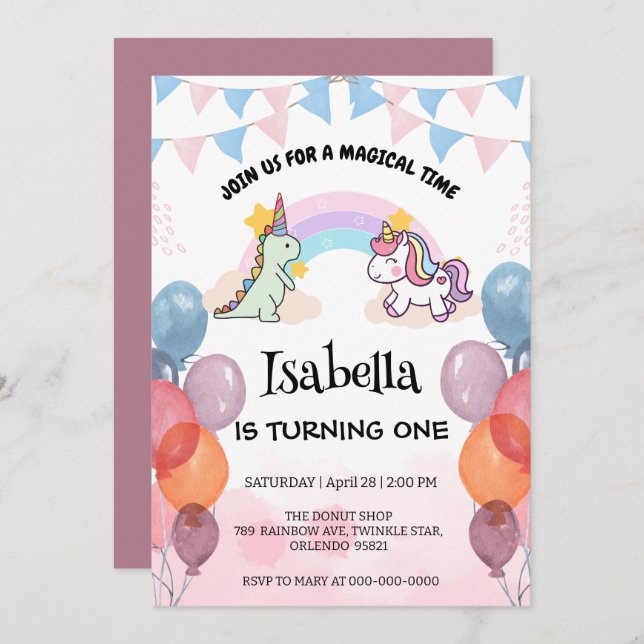 Cute Dinosaur Unicorn rainbow Balloon birthday  Invitation (Front/Back)