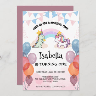 Cute Dinosaur Unicorn rainbow Balloon birthday  Invitation