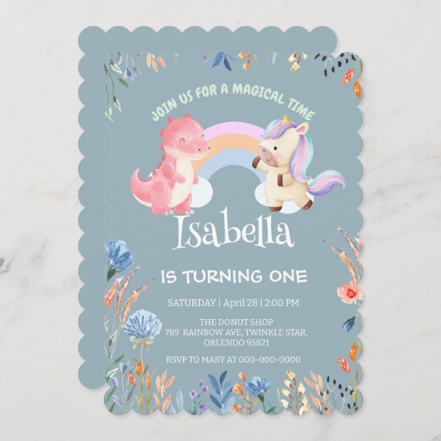 Cute Dinosaur Unicorn rainbow Balloon birthday  Invitation (Front/Back)