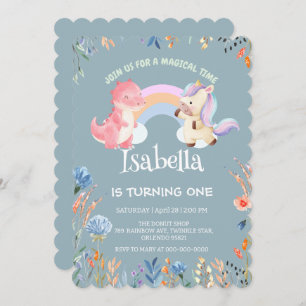 Cute Dinosaur Unicorn rainbow Balloon birthday  Invitation