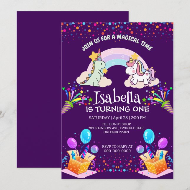 Cute Dinosaur Unicorn rainbow Balloon birthday  Invitation (Front/Back)