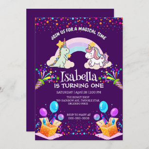 Cute Dinosaur Unicorn rainbow Balloon birthday  Invitation