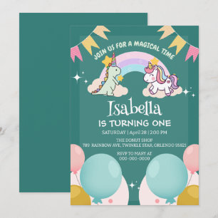 Cute Dinosaur Unicorn rainbow Balloon birthday  Invitation