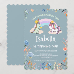 Cute Dinosaur Unicorn rainbow Balloon birthday  Invitation