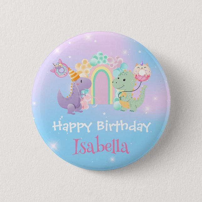 Cute Dinosaur Unicorn Rainbow balloon Birthday kid 6 Cm Round Badge (Front)