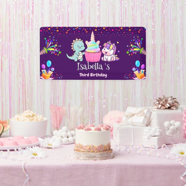 Cute Dinosaur Unicorn rainbow Balloon birthday kid Banner (Party)