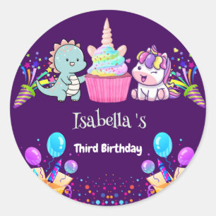 Cute Dinosaur Unicorn rainbow Balloon birthday kid Classic Round Sticker