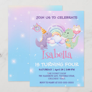 Cute Dinosaur Unicorn Rainbow balloon Birthday kid Invitation