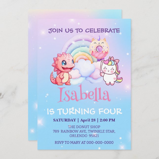 Cute Dinosaur Unicorn Rainbow balloon Birthday kid Invitation (Front/Back)