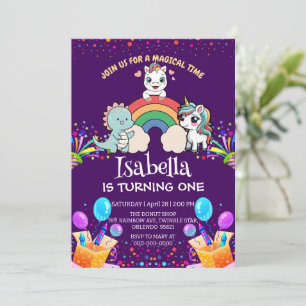 Cute Dinosaur Unicorn rainbow balloon birthday kid Invitation