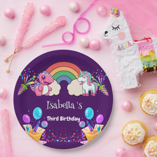 Cute Dinosaur Unicorn rainbow Balloon birthday kid Paper Plate (Party)