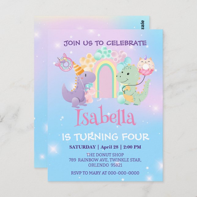 Cute Dinosaur Unicorn Rainbow balloon Birthday kid Postcard (Front/Back)