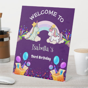 Cute Dinosaur Unicorn rainbow Balloon birthday Pedestal Sign