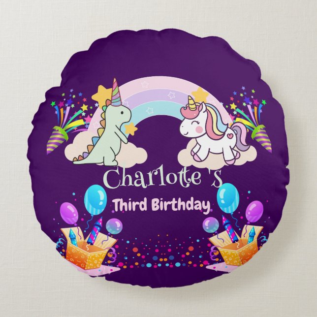 Cute Dinosaur Unicorn rainbow Balloon birthday  Round Cushion (Front)