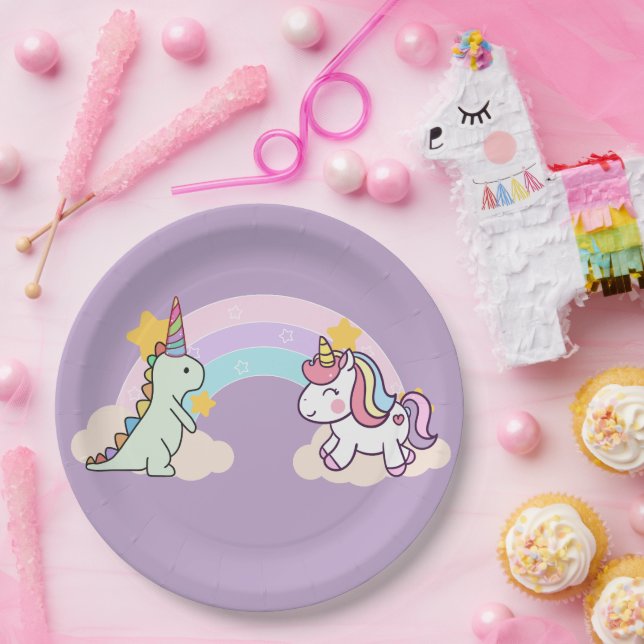Cute Dinosaur Unicorn rainbow birthday party Paper Plate (Party)