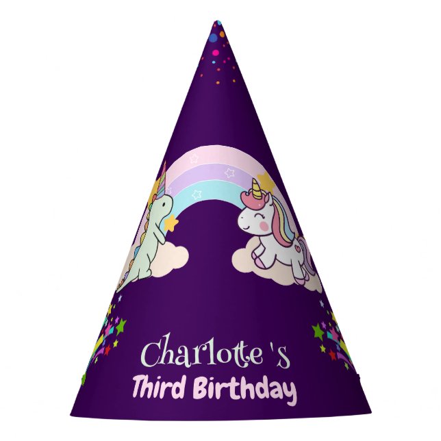 Cute Dinosaur Unicorn rainbow birthday party Party Hat (Front)