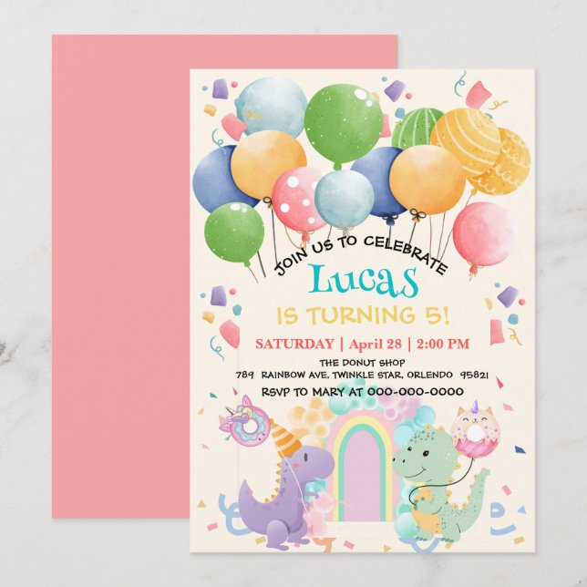Cute Dinosaur Unicorn Rainbow doughnut balloon pat Invitation (Front/Back)
