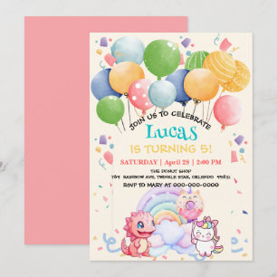 Cute Dinosaur Unicorn Rainbow doughnut balloon pat Invitation