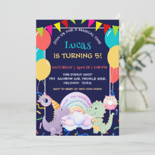 Cute Dinosaur Unicorn Rainbow doughnut balloon pat Invitation