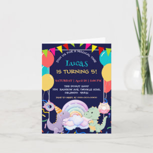 Cute Dinosaur Unicorn Rainbow doughnut balloon pat Invitation