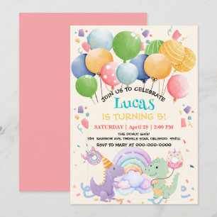 Cute Dinosaur Unicorn Rainbow doughnut balloon pat Invitation