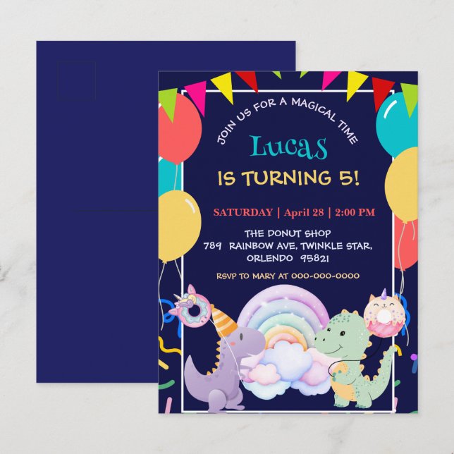 Cute Dinosaur Unicorn Rainbow doughnut balloon pat Invitation Postcard (Front/Back)