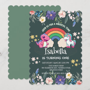 Cute Dinosaur Unicorn rainbow Floral birthday kids Invitation