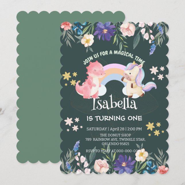 Cute Dinosaur Unicorn rainbow Floral birthday kids Invitation (Front/Back)