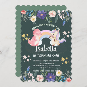 Cute Dinosaur Unicorn rainbow Floral birthday kids Invitation