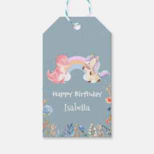 Cute Dinosaur Unicorn rainbow Flower birthday girl Gift Tags