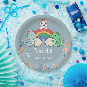 Cute Dinosaur Unicorn rainbow flower birthday kid Paper Plate