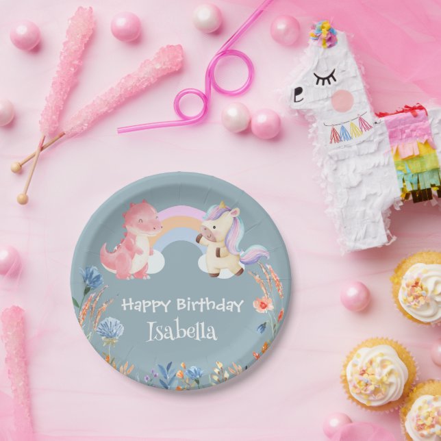 Cute Dinosaur Unicorn rainbow Flower birthday kids Paper Plate (Party)