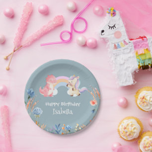 Cute Dinosaur Unicorn rainbow Flower birthday kids Paper Plate