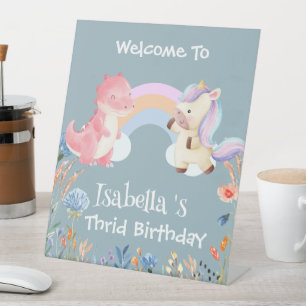 Cute Dinosaur Unicorn rainbow Flower birthday kids Pedestal Sign