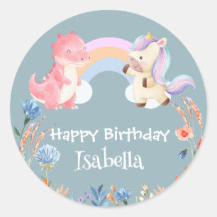Cute Dinosaur Unicorn rainbow Flower birthday name Classic Round Sticker