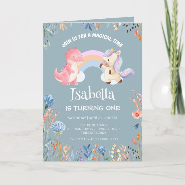 Cute Dinosaur Unicorn rainbow Flower birthday name Invitation (Front)