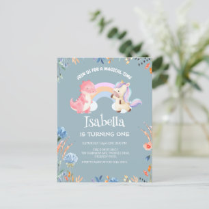 Cute Dinosaur Unicorn rainbow Flower birthday name Invitation Postcard