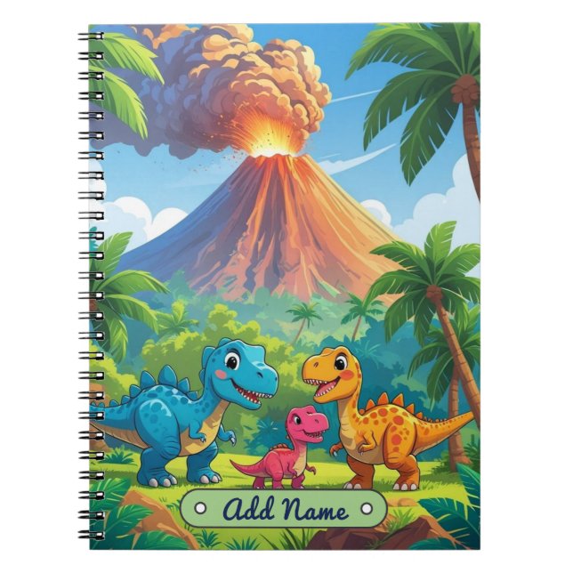Cute Dinosaur Volcano Notebook – Editable Name (Front)