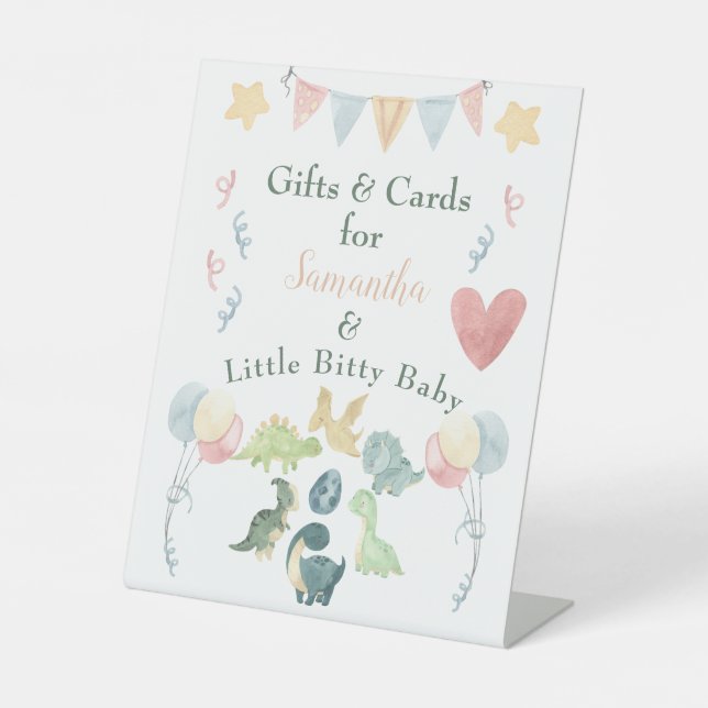 Cute Dinosaur Watercolor Baby Shower Orange Pedestal Sign (Front)