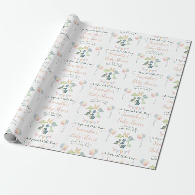 Cute Dinosaur Watercolor Baby Shower Personalised Wrapping Paper (Unrolled)