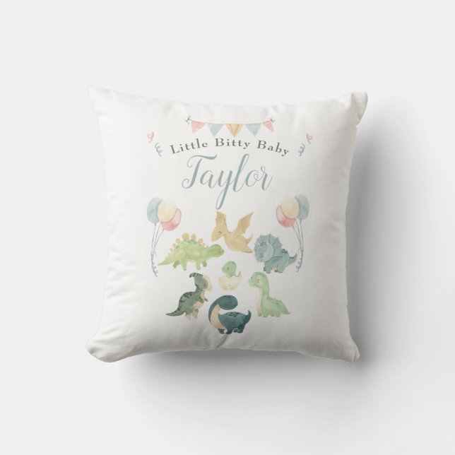 Cute Dinosaur Watercolor Blue Personalised Baby Cushion (Front)