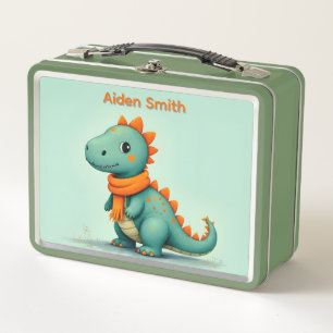 Cute Dinosaur Wearing an Orange Scarf Metal Lunch Box