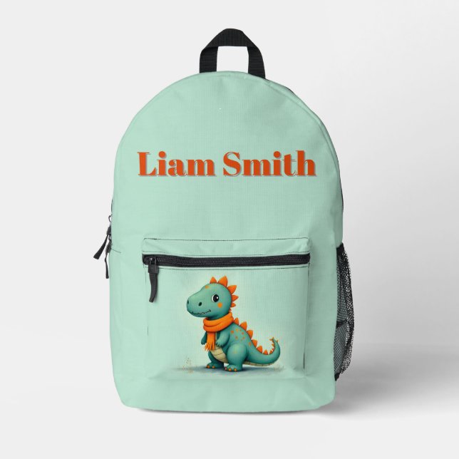 Cute Dinosaur Wearing an Orange Scarf Printed Backpack (Front)