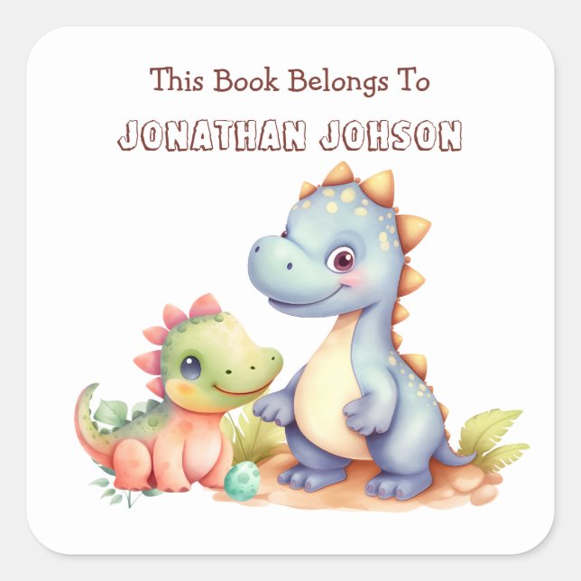 Cute Dinosaur Whimsical Kids Bookplate Square Sticker (Front)
