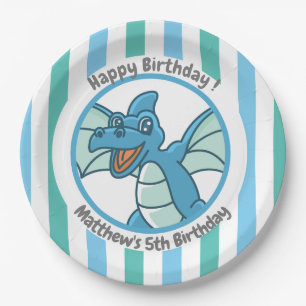 Cute Dinosaur with Blue Green Stripes Paper Plate