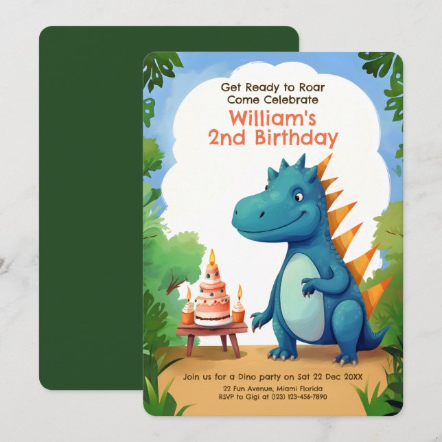 Cute Dinosaur with Cake | Dino Kids Birthday Invitation (Front/Back)