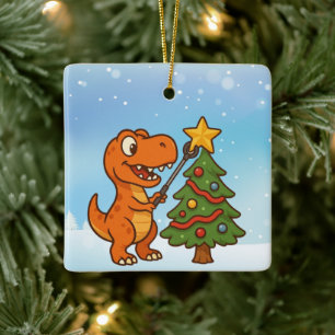 Cute dinosaur with Christmas tree Ceramic Ornament