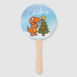 Cute dinosaur with Christmas tree Hand Fan