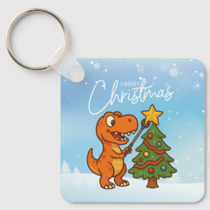 Cute dinosaur with Christmas tree Key Ring